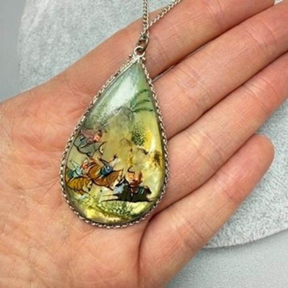 Vintage Persian Mother of Pearl Pendant Necklace Hand Painted Reversible 20" - Picture 2 of 13